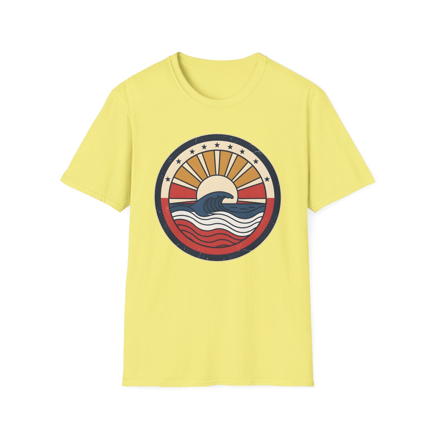 Waves rush in t-shirt with red white and blue patriotic ocean waves on a quiet beach