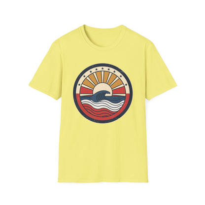 Waves rush in t-shirt with red white and blue patriotic ocean waves on a quiet beach