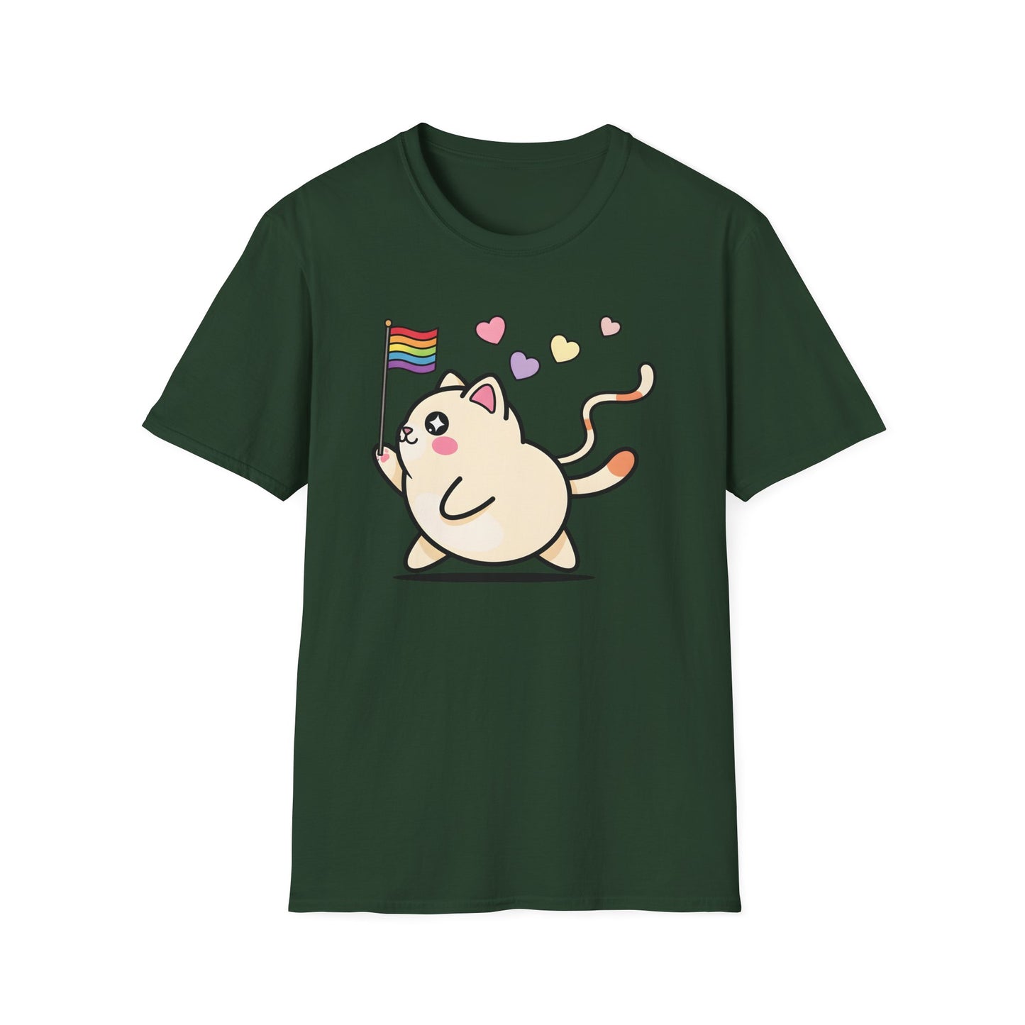 Cat wave t-shirt design with colorful cats waving rainbow pride flags surrounded by hearts