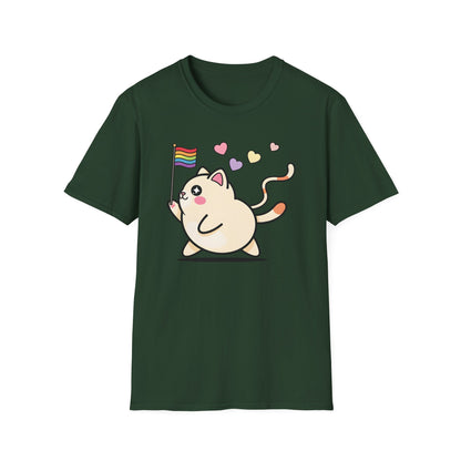 Cat wave t-shirt design with colorful cats waving rainbow pride flags surrounded by hearts