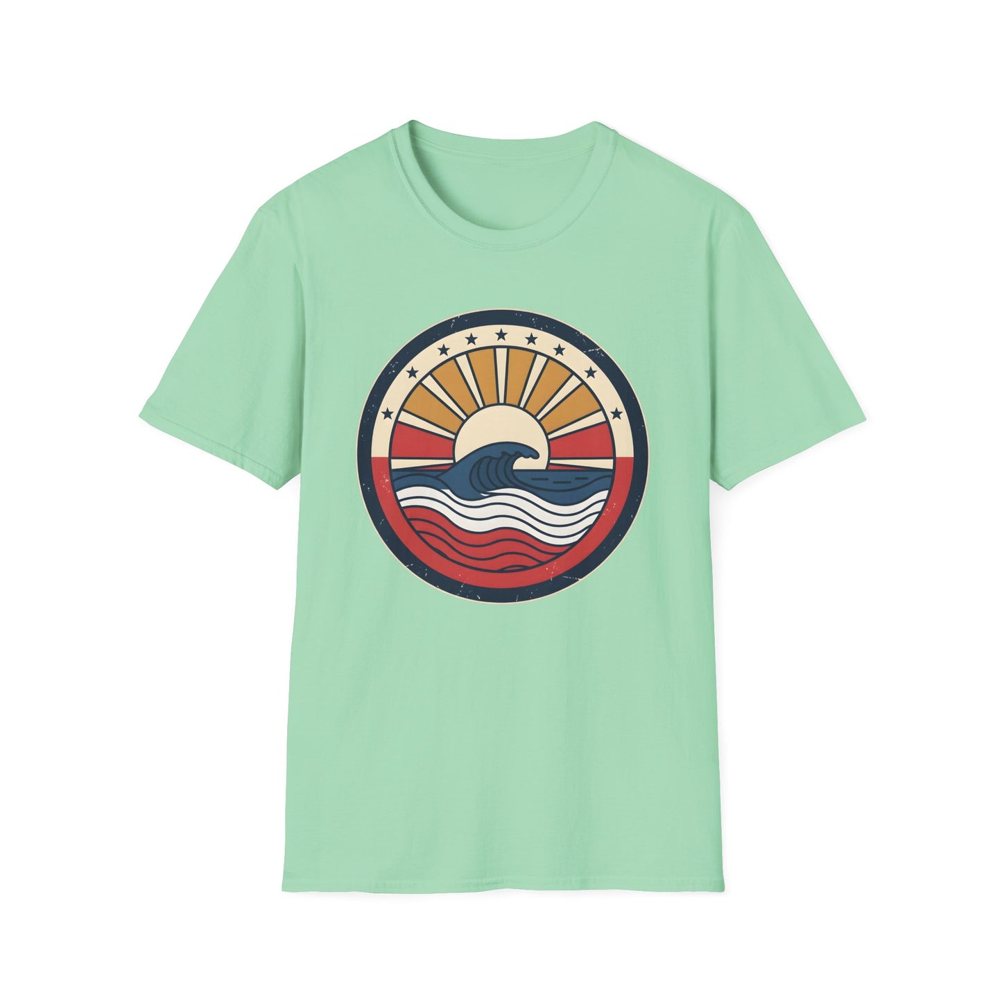 Waves rush in t-shirt with red white and blue patriotic ocean waves on a quiet beach