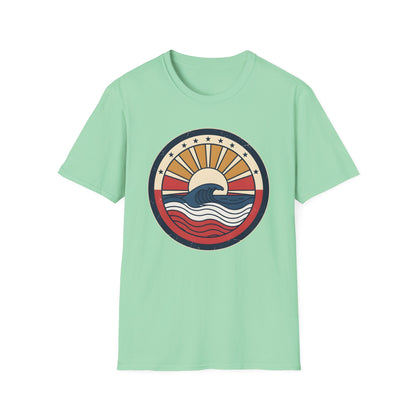 Waves rush in t-shirt with red white and blue patriotic ocean waves on a quiet beach