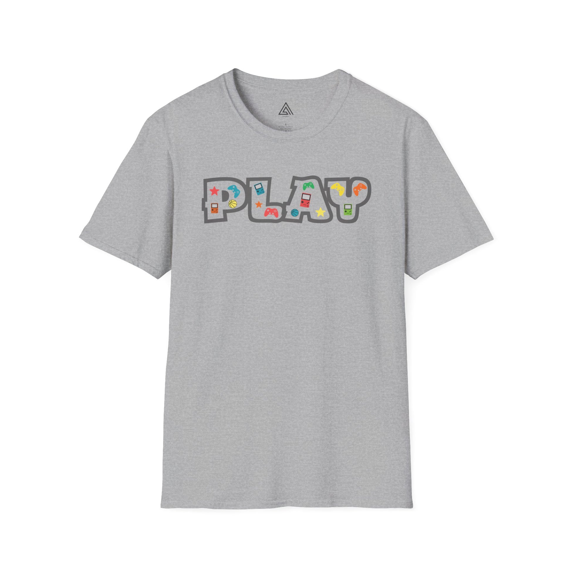 Close-up of PLAY gaming shirt design featuring classic gaming controllers and nostalgic elements
