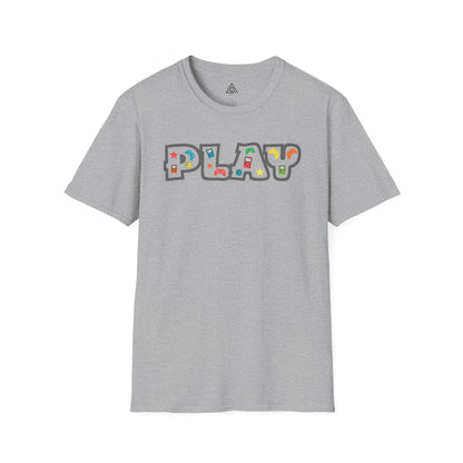 Close-up of PLAY gaming shirt design featuring classic gaming controllers and nostalgic elements