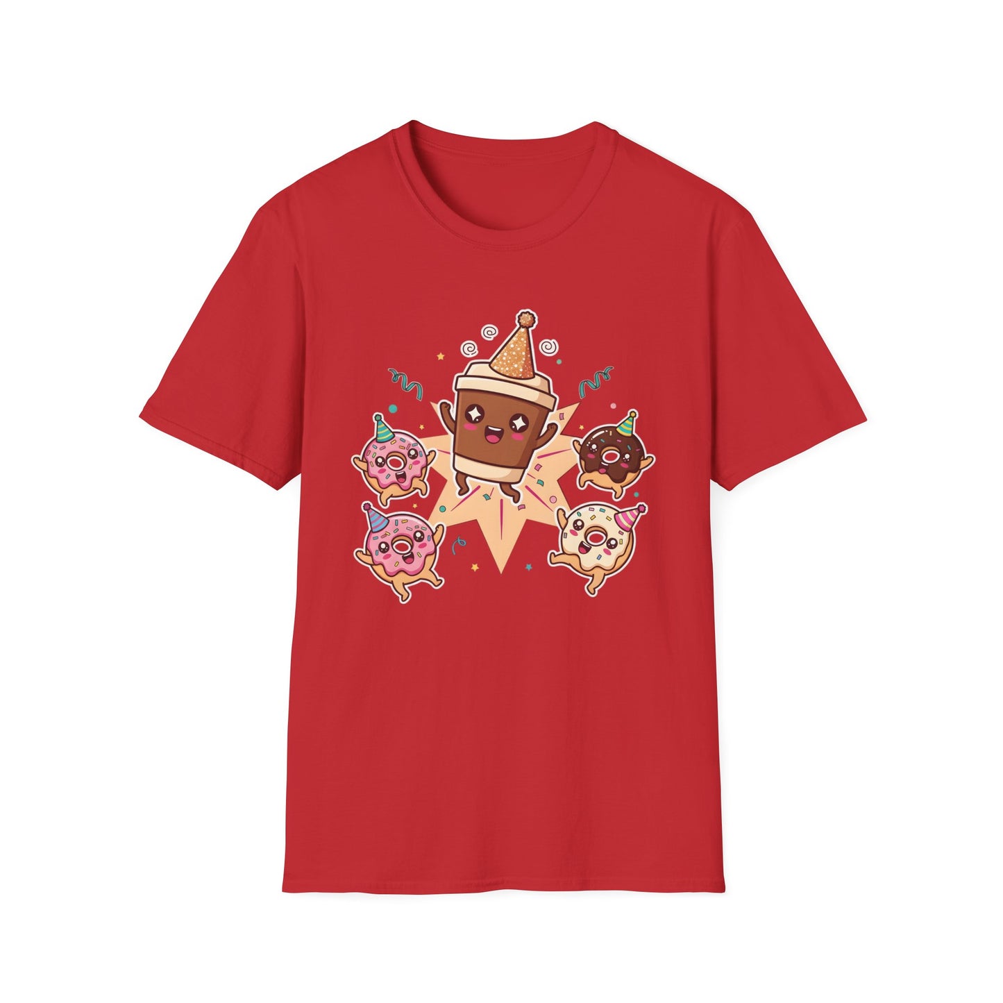 Funny coffee and donut characters wearing colorful party hats celebrating on a graphic tee