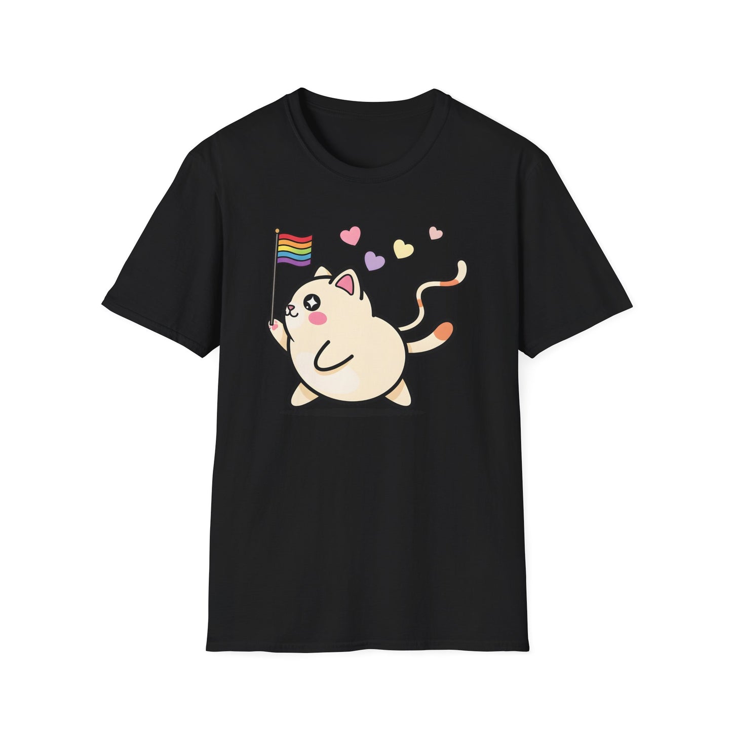Cat wave t-shirt design with colorful cats waving rainbow pride flags surrounded by hearts