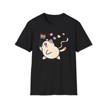 Cat wave t-shirt design with colorful cats waving rainbow pride flags surrounded by hearts
