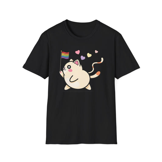 Cat wave t-shirt design with colorful cats waving rainbow pride flags surrounded by hearts