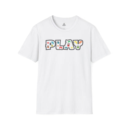 Close-up of PLAY gaming shirt design featuring classic gaming controllers and nostalgic elements