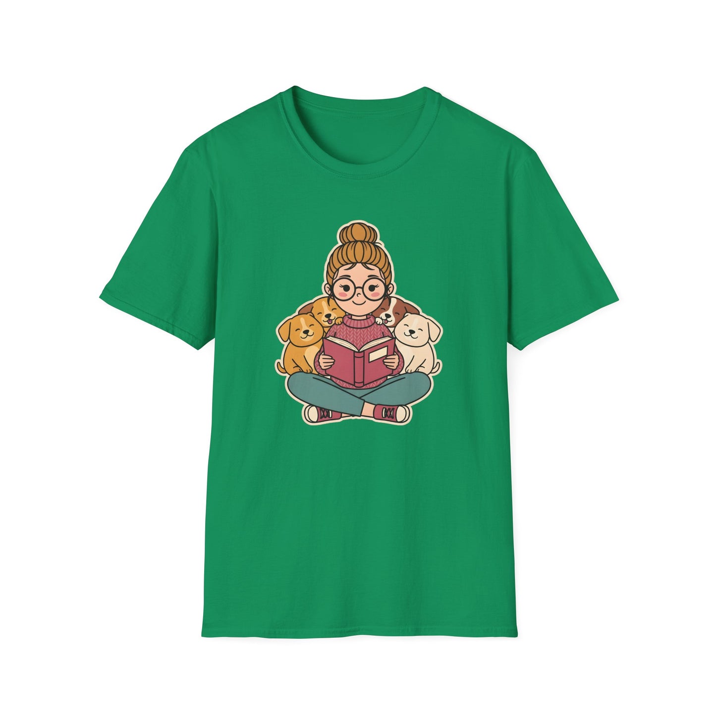 Dog mom bookworm t-shirt with a woman reading surrounded by cozy sleeping puppies
