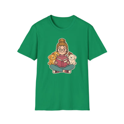 Dog mom bookworm t-shirt with a woman reading surrounded by cozy sleeping puppies