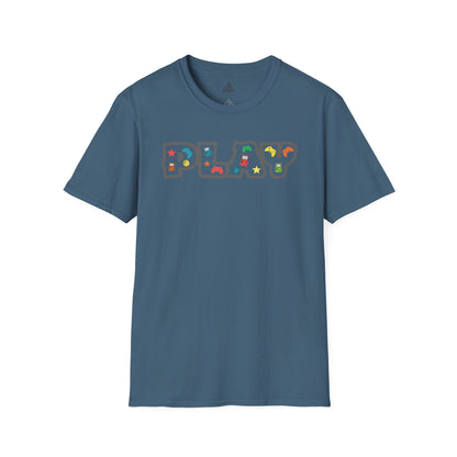 Close-up of PLAY gaming shirt design featuring classic gaming controllers and nostalgic elements