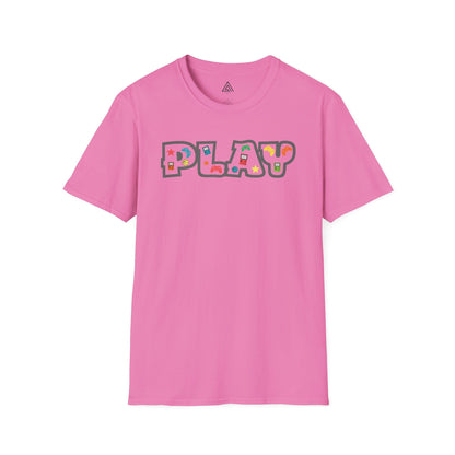 Close-up of PLAY gaming shirt design featuring classic gaming controllers and nostalgic elements