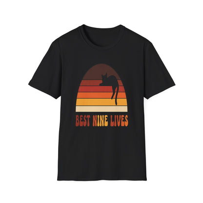 Retro Sunset Cat Lover T-Shirt – Living My Best Nine Lives