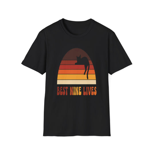 Retro Sunset Cat Lover T-Shirt – Living My Best Nine Lives