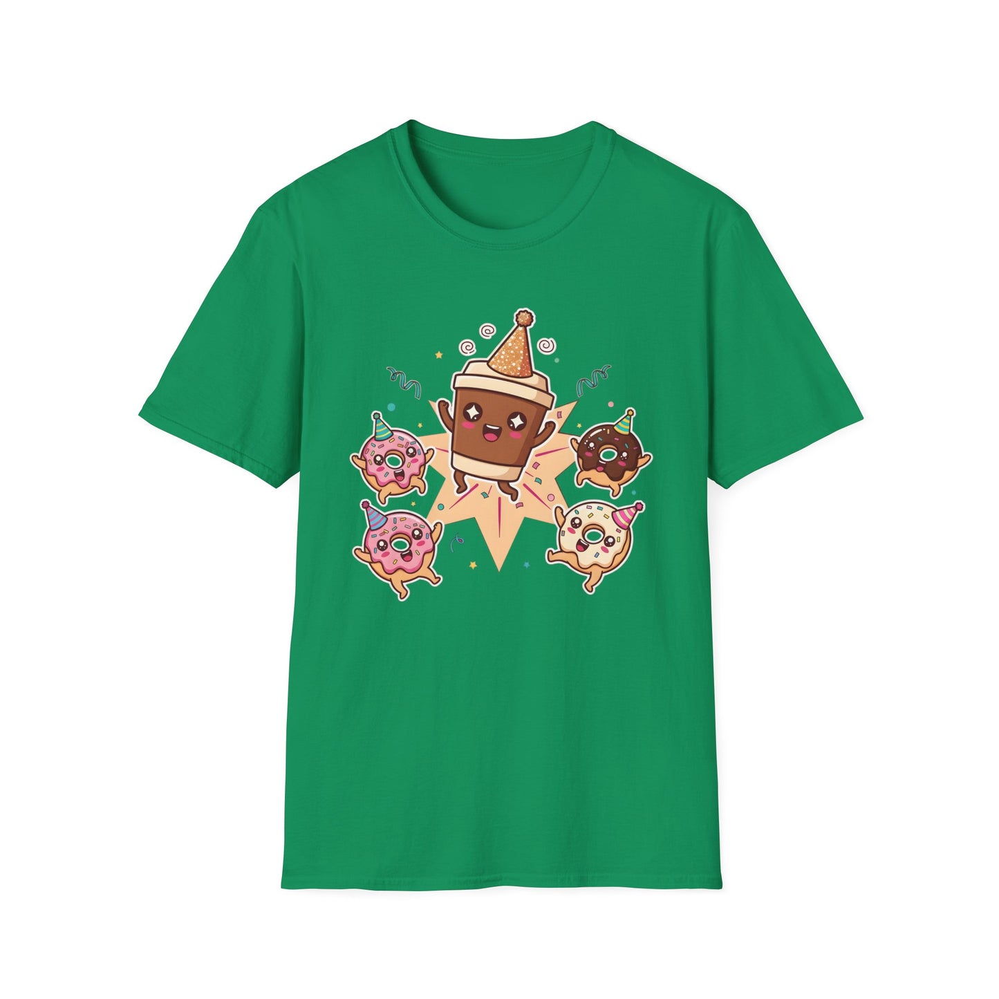 Funny coffee and donut characters wearing colorful party hats celebrating on a graphic tee