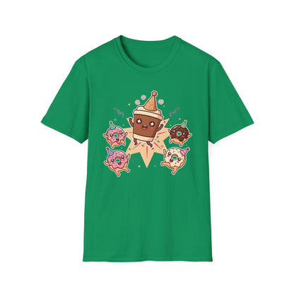 Funny coffee and donut characters wearing colorful party hats celebrating on a graphic tee