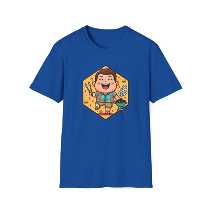 Funny dad t shirt with a cartoon dad in a Hawaiian shirt grilling burgers at a summer BBQ