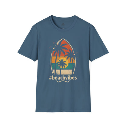 Vintage beach vibes t-shirt with palm tree sunset design