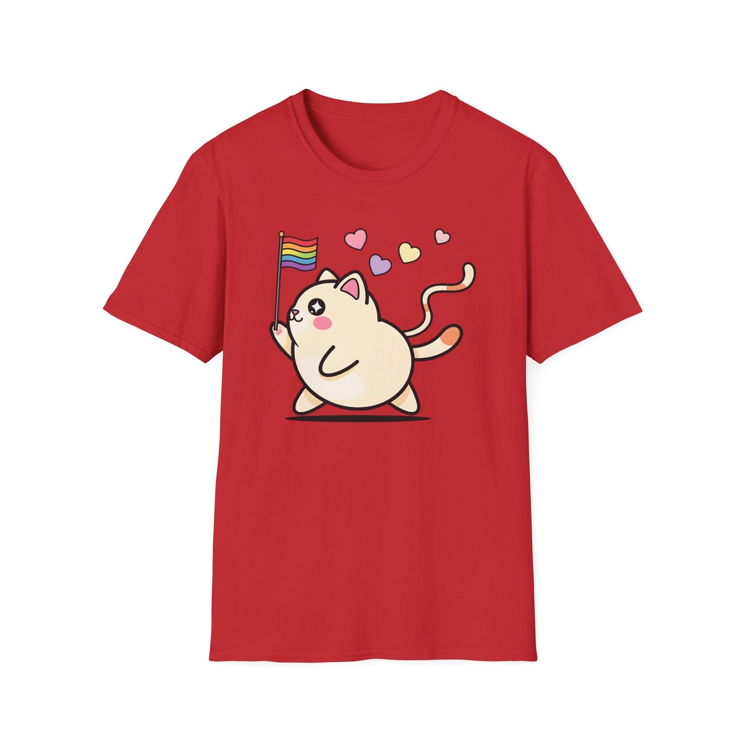 Cat wave t-shirt design with colorful cats waving rainbow pride flags surrounded by hearts