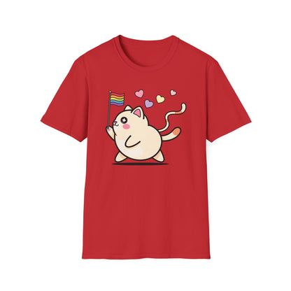 Cat wave t-shirt design with colorful cats waving rainbow pride flags surrounded by hearts