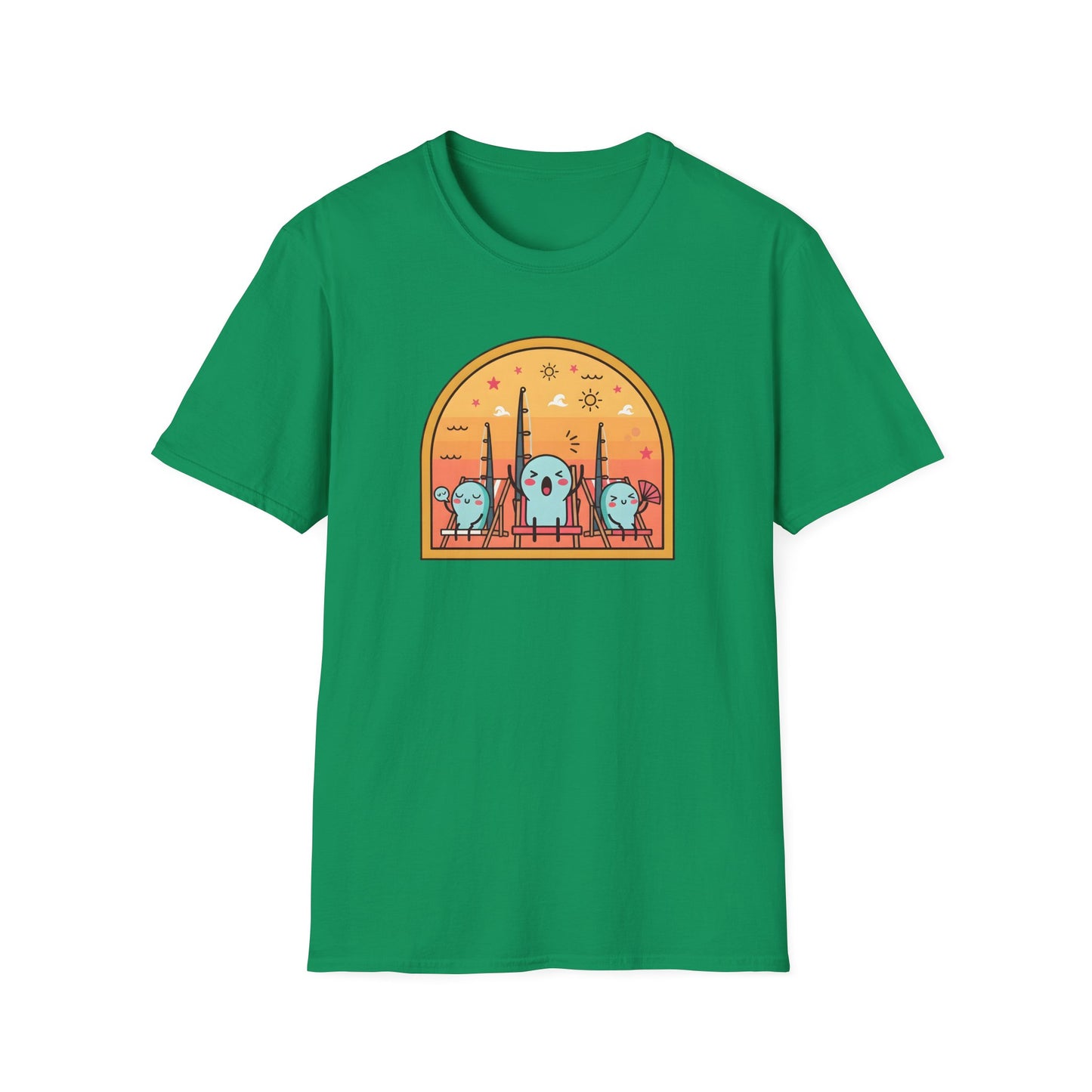 Graphic fishing rod t shirt showing colorful rods relaxing in beach chairs under the summer sun