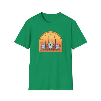 Graphic fishing rod t shirt showing colorful rods relaxing in beach chairs under the summer sun