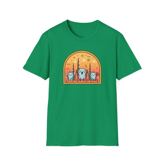 Graphic fishing rod t shirt showing colorful rods relaxing in beach chairs under the summer sun