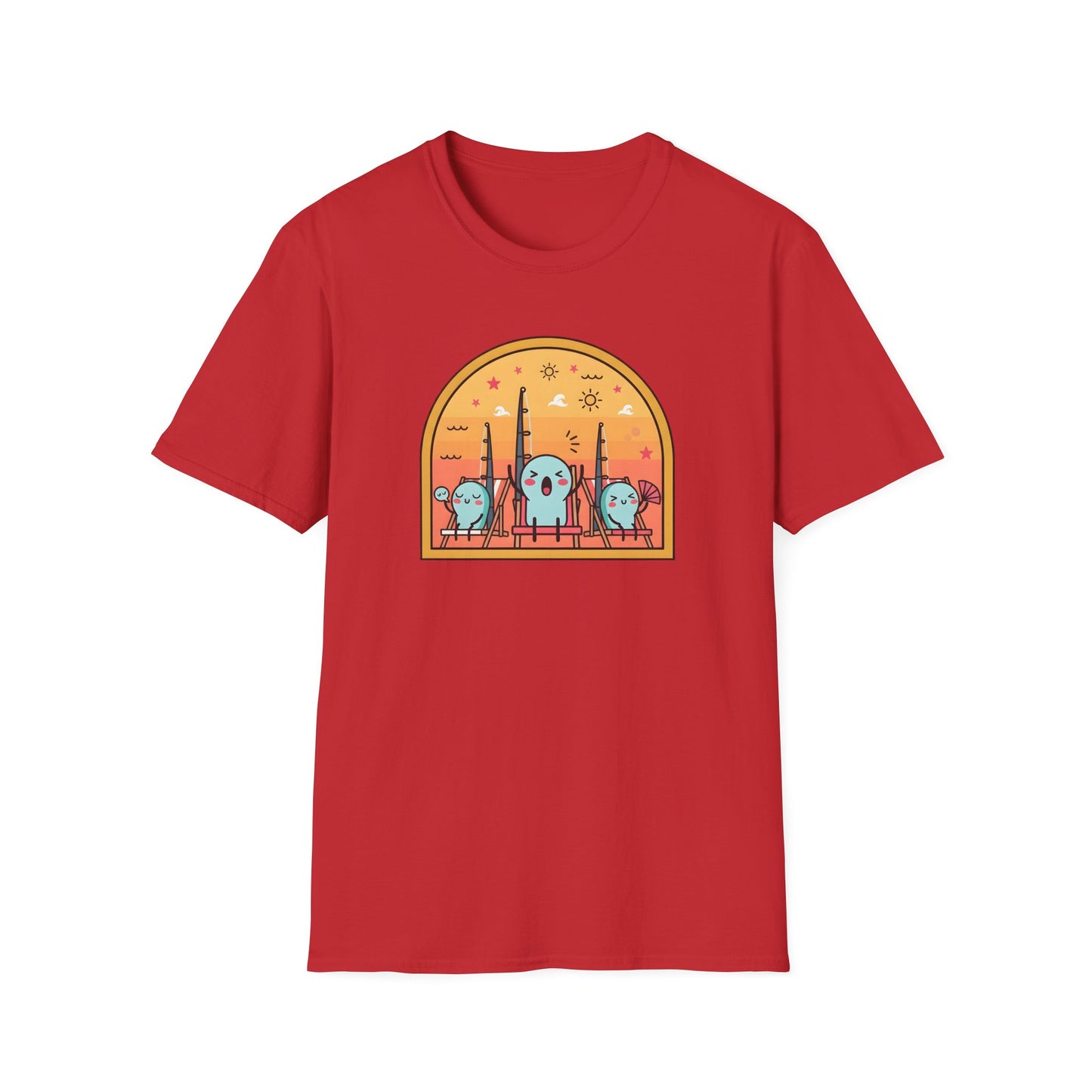 Graphic fishing rod t shirt showing colorful rods relaxing in beach chairs under the summer sun