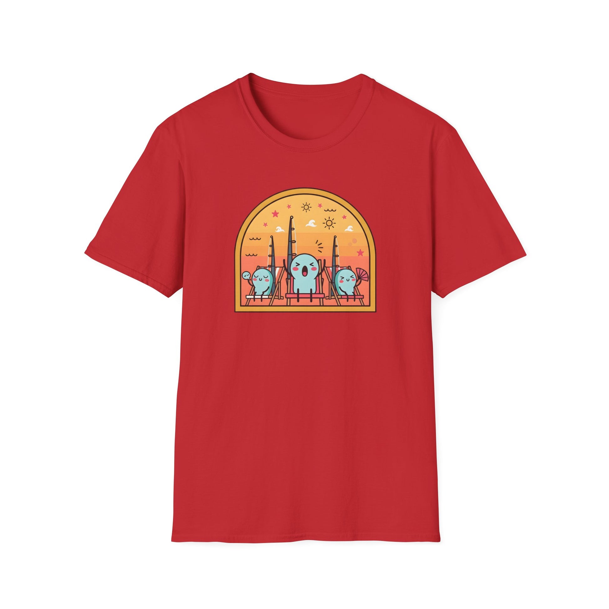 Graphic fishing rod t shirt showing colorful rods relaxing in beach chairs under the summer sun