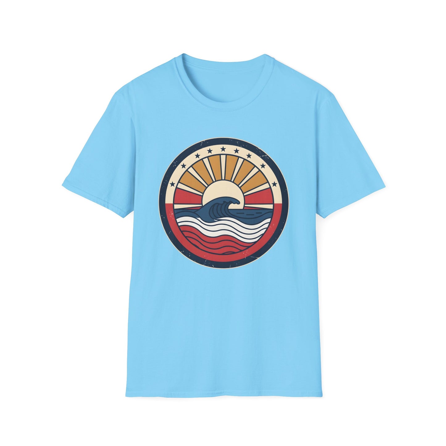 Waves rush in t-shirt with red white and blue patriotic ocean waves on a quiet beach