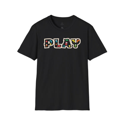 Close-up of PLAY gaming shirt design featuring classic gaming controllers and nostalgic elements