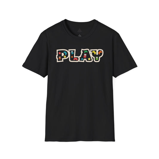 Close-up of PLAY gaming shirt design featuring classic gaming controllers and nostalgic elements