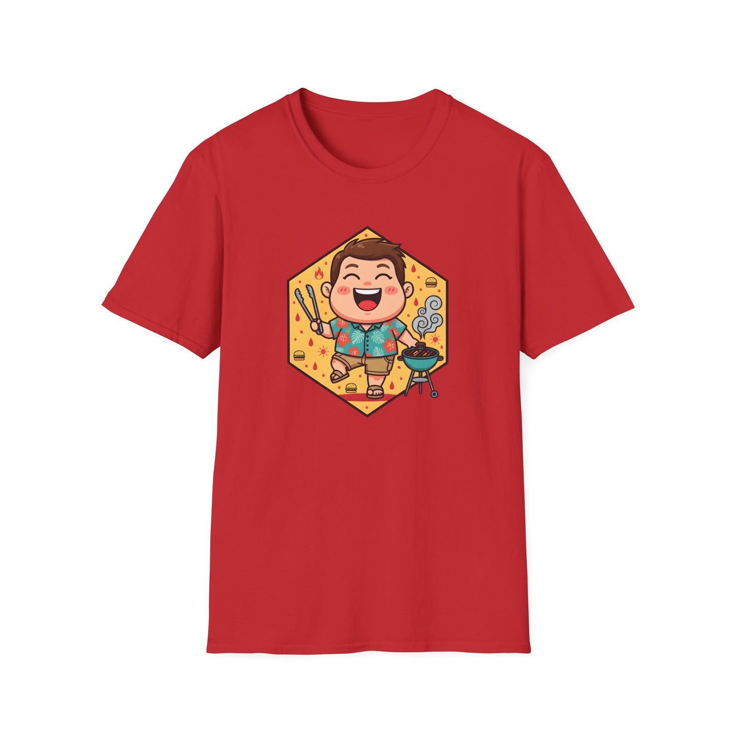 Funny dad t shirt with a cartoon dad in a Hawaiian shirt grilling burgers at a summer BBQ
