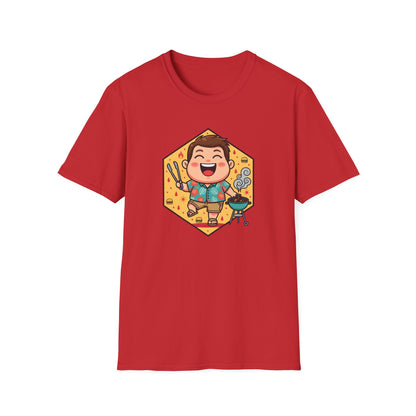 Funny dad t shirt with a cartoon dad in a Hawaiian shirt grilling burgers at a summer BBQ