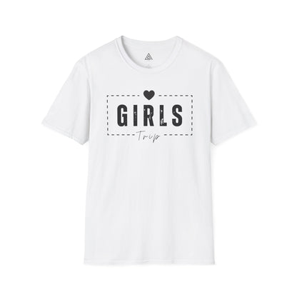 White t-shirt with 'GIRLS Trip' text on a white background