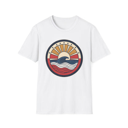 Waves rush in t-shirt with red white and blue patriotic ocean waves on a quiet beach