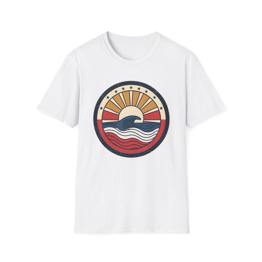 Waves rush in t-shirt with red white and blue patriotic ocean waves on a quiet beach