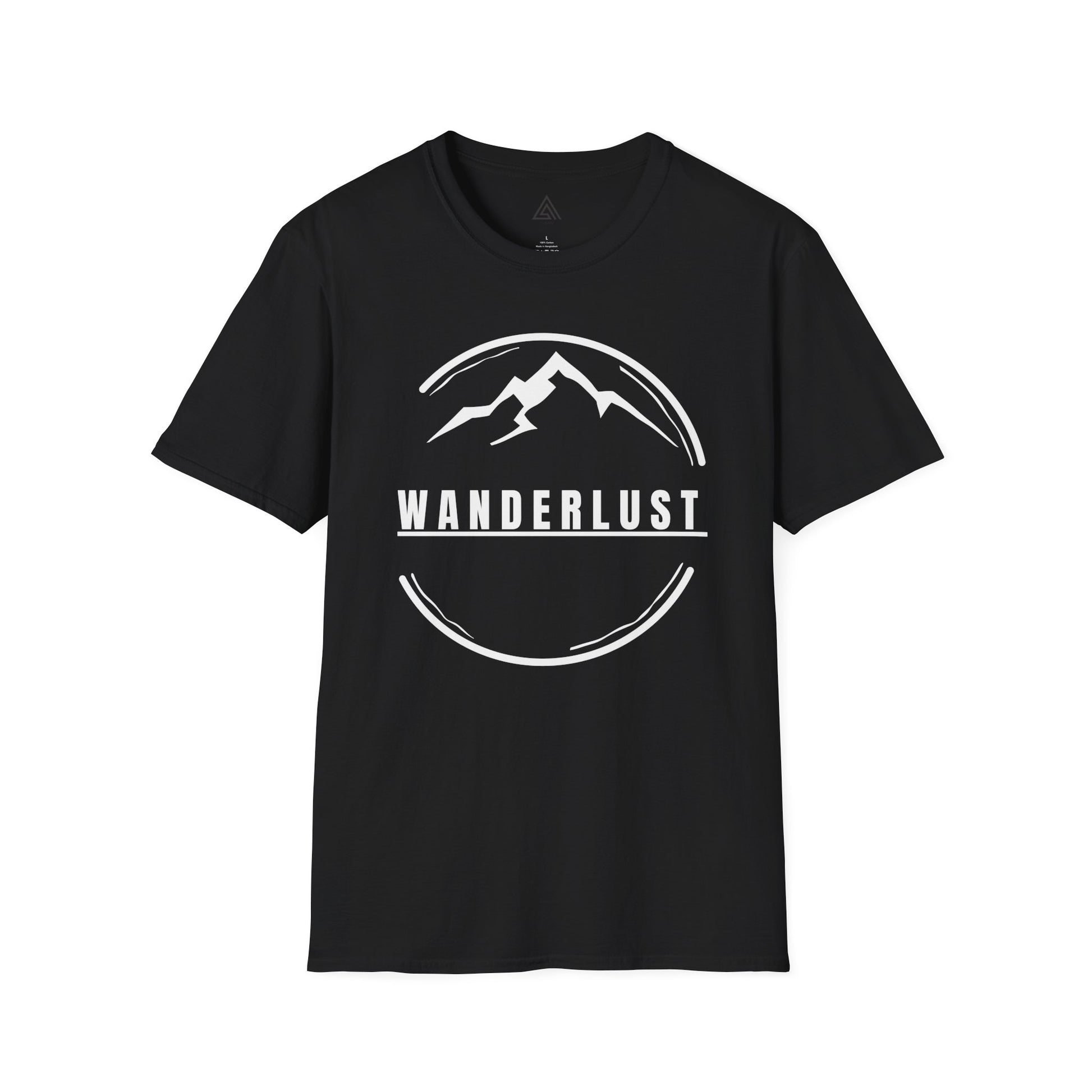 Black t-shirt with 'Wanderlust' design on a white background