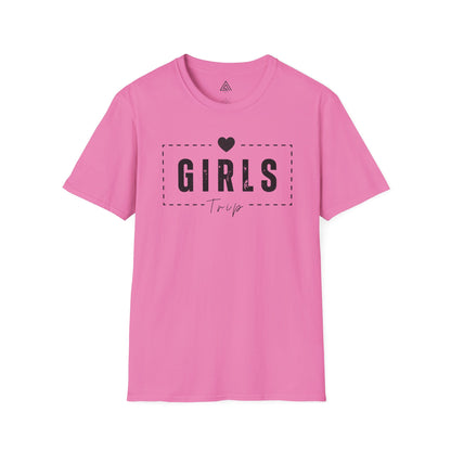 Pink t-shirt with 'GIRLS Trip' text on a white background