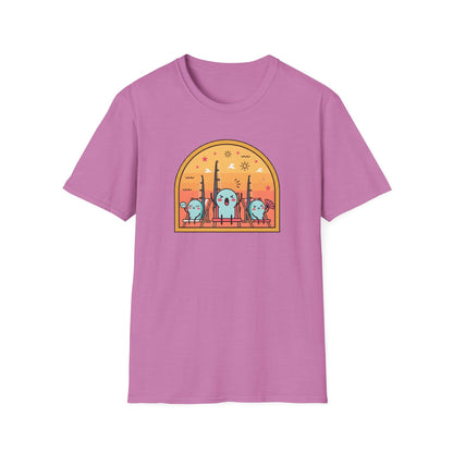 Graphic fishing rod t shirt showing colorful rods relaxing in beach chairs under the summer sun