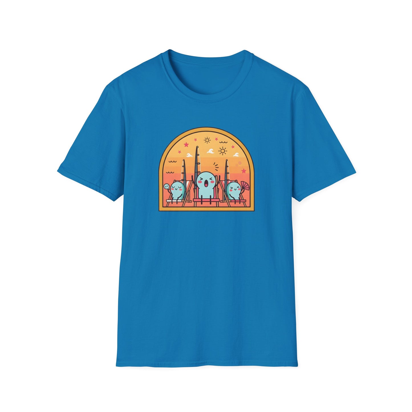 Graphic fishing rod t shirt showing colorful rods relaxing in beach chairs under the summer sun