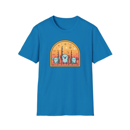 Graphic fishing rod t shirt showing colorful rods relaxing in beach chairs under the summer sun