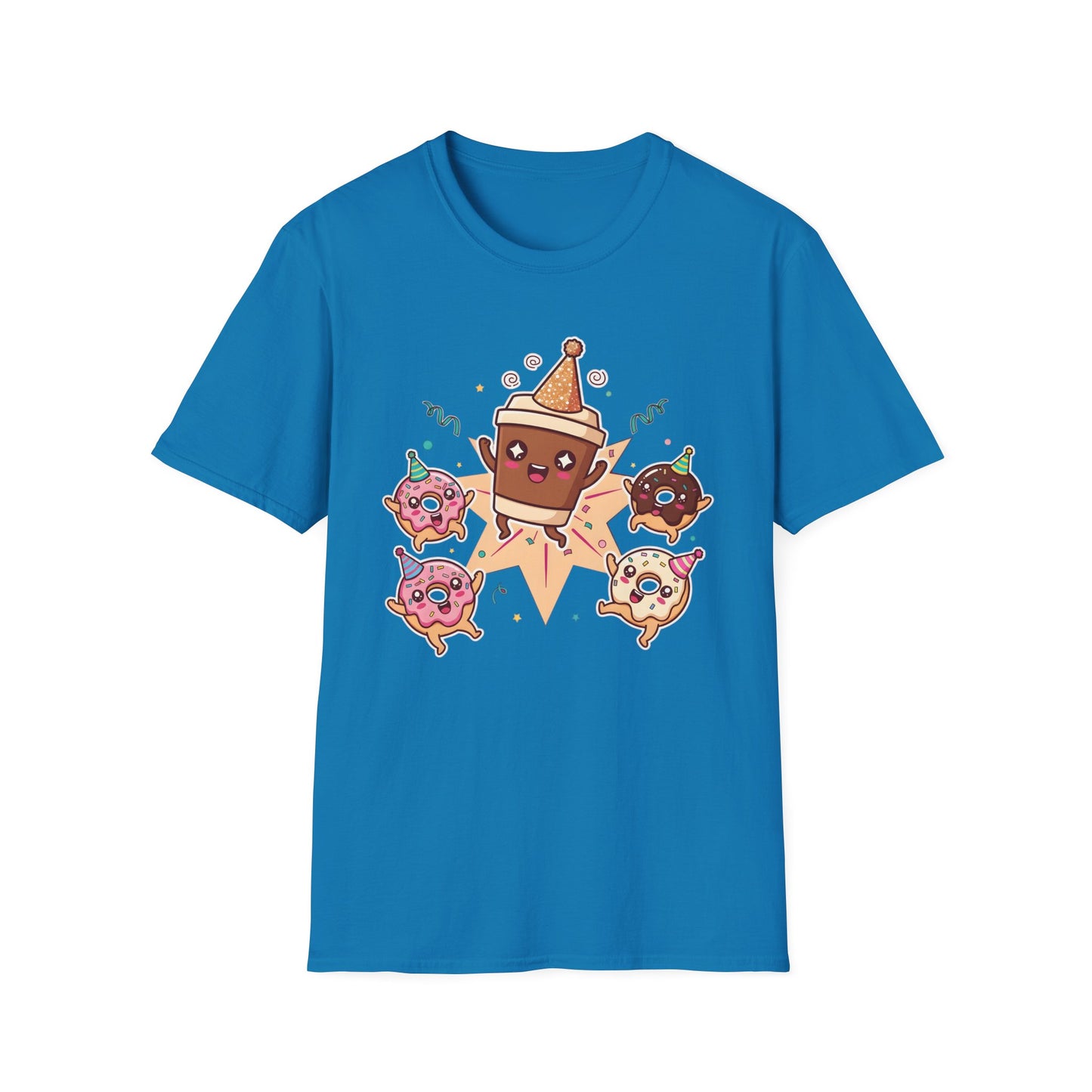 Funny coffee and donut characters wearing colorful party hats celebrating on a graphic tee