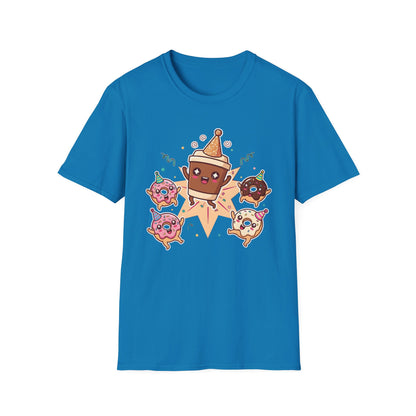 Funny coffee and donut characters wearing colorful party hats celebrating on a graphic tee