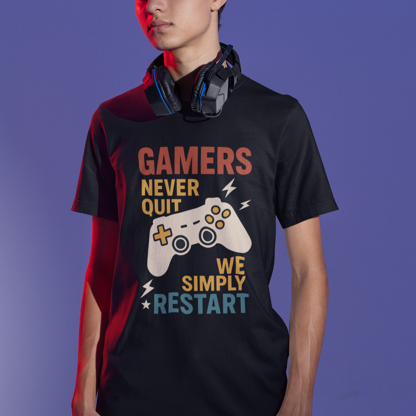 Gaming t-shirt with game controller design and Gamers Never Quit slogan