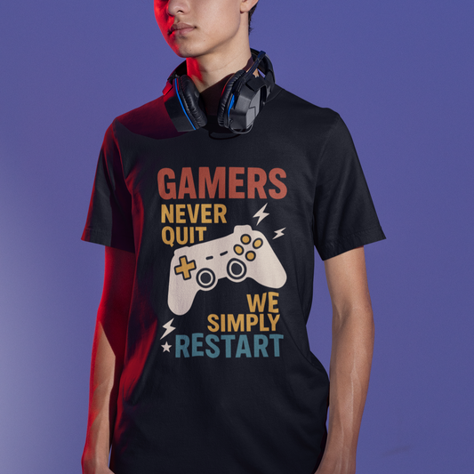 Gaming t-shirt with game controller design and Gamers Never Quit slogan