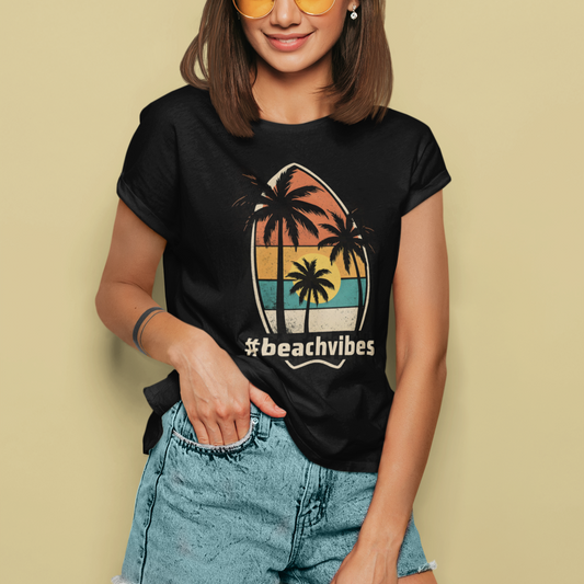 Vintage beach vibes t-shirt with palm tree sunset design