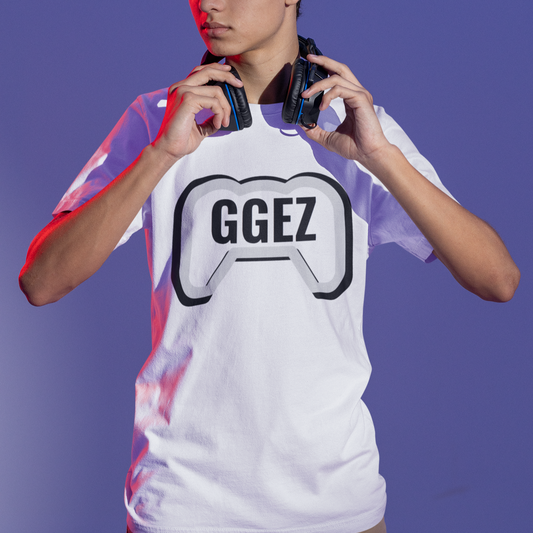 GGEZ gaming t-shirt with black and white controller design for gamers