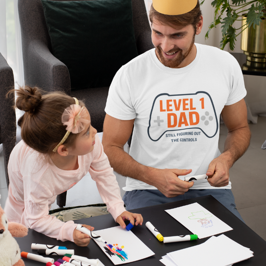 Level 1 Dad gaming controller tshirt design  retro gaming graphics. Gaming dad shirts, family gaming sets, other dad humor designs